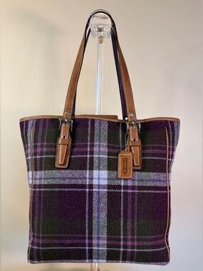 Vintage COACH Hampton Purple Tartan Plaid Wool Leather 83222 EUC
